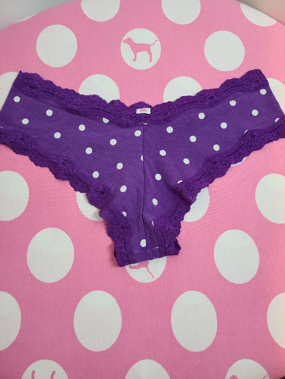 VTG VS PINK Lace Trim Cotton Polka Dot XLR Cheekiest Hipster Panty Size Lg